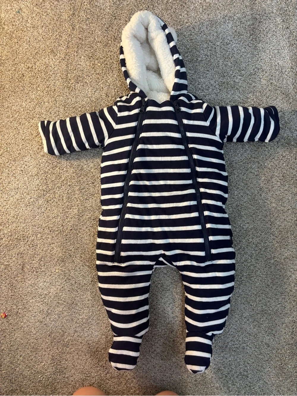 Baby Gap Navy White Striped Sherpa Lined Hooded Pram Suit Bunting 3-6m Bear